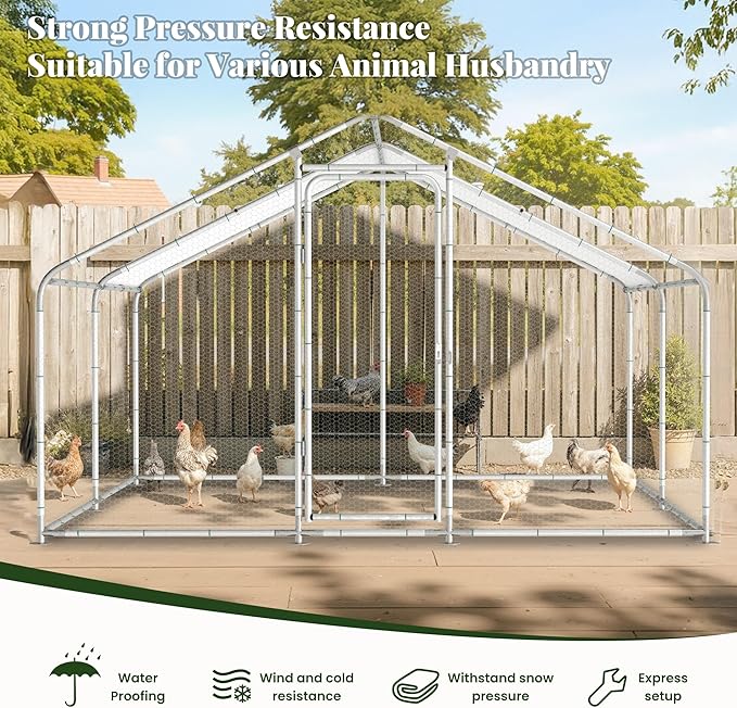 GOJOOASIS Chicken Coop for 20 Chickens Walk-in Chicken Run Large Metal Poultry Cage Outdoor Backyard Hen House for Small Animals with Waterproof Cover (10'L x 10'W x 6.6'H)