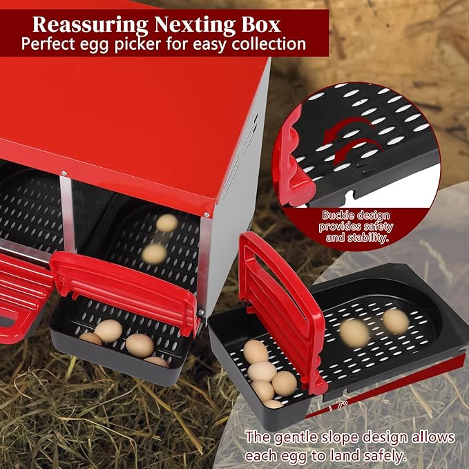 Chicken Nesting Boxes Plastic with Roll Away Egg,3 Compartment Roll Out Chicken Nest Box Egg Laying Box with Lid Cover,Rolling Egg Collection & Protection Chicken Coop for Up to 3 Hens,Red