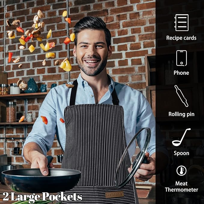 ATROPOS 2 Pack Aprons for Women with Pockets, Cooking Aprons for Women Men, Adjustable Bib Apron Chef Aprons for Kitchen, Cooking, BBQ, Cleaning（Brown/Black Pinstripes）