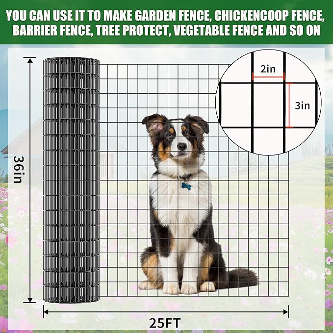 36 in x 25 ft Welded Wire Mesh Fence, 2 in × 3 in 15GA Black PVC Coated Garden Fencing Roll, Dog Barrier for Vegetable Yard, Poultry Netting,Heavy-Duty Border Fencing
