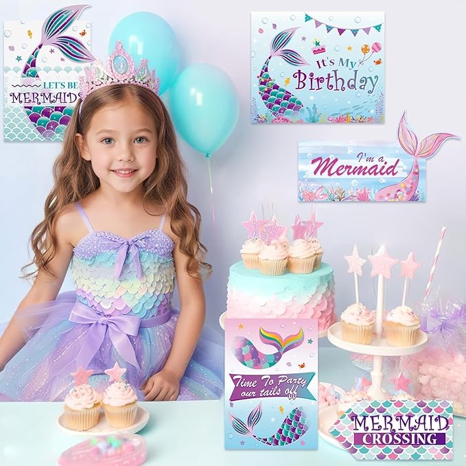 WERNNSAl 10PCS Mermaid Birthday Party Decorations - Ocean Party Decorations for Girls Kids Mermaid Birthday Party Supplies under The Sea Mermaid Sign for Home Door Yard Wall Decor