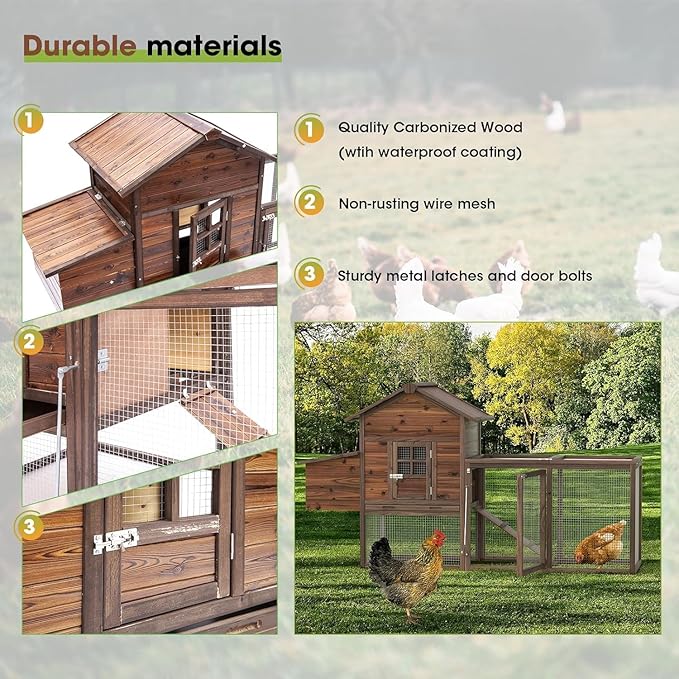 Wooden Chicken Coop, 80IN Outdoor Chicken Cages and Run with Nesting Boxes for 2-4 Chickens, Hen Run Poultry Pet House Rabbit Hutch with Waterproof Roof & Removable Tray for Backyard Poultry (ONE)