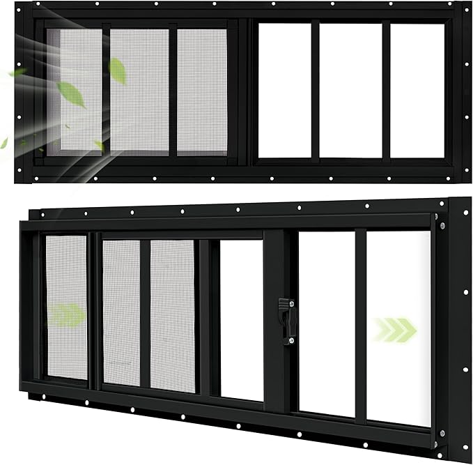 2 Pack Shed Windows, 12"x 35" Black Sliding Window Suitable for Chicken Coop, shed, Household, Barn - Transom Window with Tempered Glass and Fiberglass Screen (BK,12''x 35'')