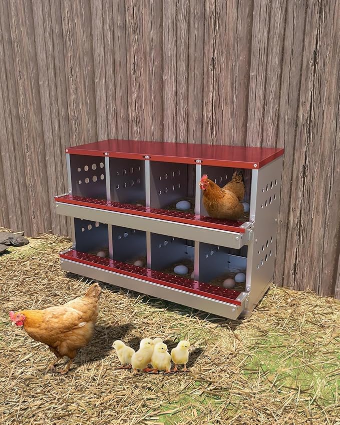8-Hole Galvanized Metal Chicken Nesting Box with Egg Collection Tray/Fake Training Eggs, Rustproof Poultry Laying Box with Perch Rod,for Chicken Coops and Hens