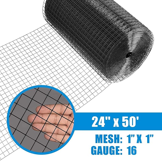 Fencer Wire 16 Gauge Black Vinyl Coated Welded Wire Mesh Size 1 inch by 1 inch for Home and Garden Fence and Pet Enclosures Protect Chickens Rabbits and Farmed Animals (a. 2 ft. x 50 ft.)