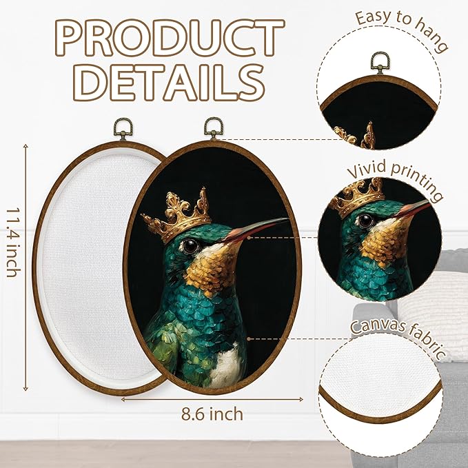 WULQYING Vintage Hummingbird Wall Art Decor, Moody Dark Academia Bird Oval Framed Canvas Art Prints, Emerald Green Bird Lover Gift Wall Hanging Decor for Home Bedroom Living Room, 8.6x11.4 Inches