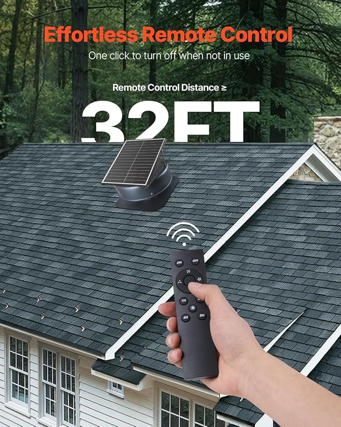 VEVOR 42W Solar Attic Fan, 2800 CFM Smart Roof Vent Built-in Temperature Sensors with Remote Control, Low-Noise & Weatherproof for Attic, Garage, RV Ventilation