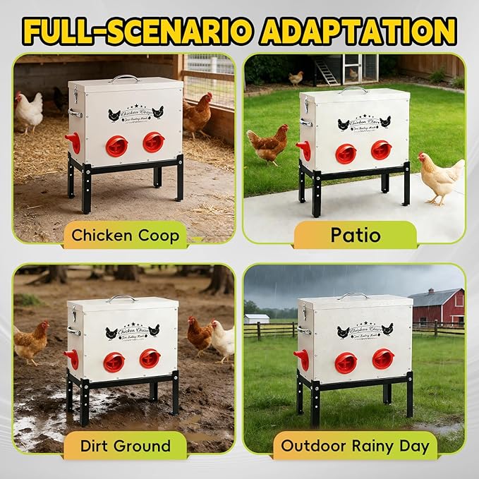 DRQ 30 LB Automatic Chicken Feeder, Metal Chick Feeder with 6 No-Waste Ports, Waterproof Poultry Feeder with Adjustable Legs, Locking Lid & Riveted Handles for Outdoor Chicken Coops