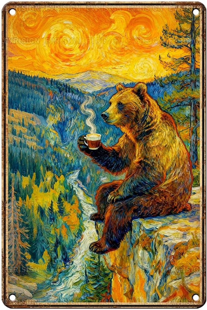 Vintage Bear Tin Sign Morning Brew in the Wild Retro Metal Sign Funny Nostalgic Wall Decor Decorations for Home Office Cafe Shop Kitchen Bar Living Room Man cave 12 * 8In