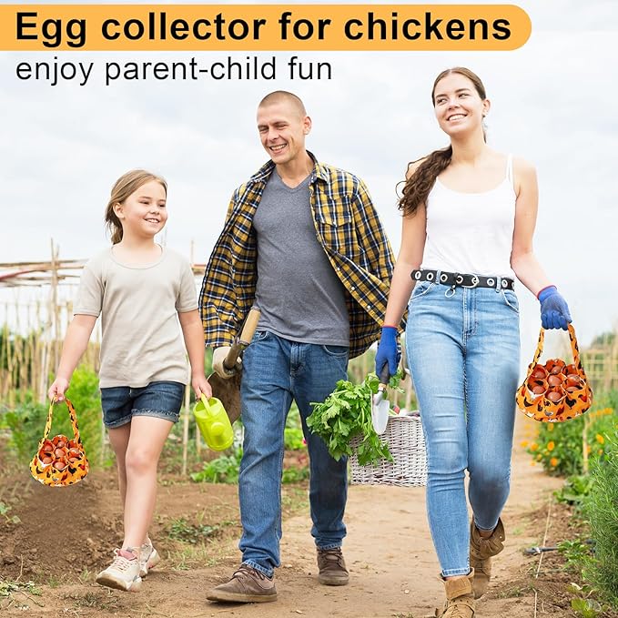 Egg Collecting Basket, Canvas Egg Basket for Gathering with 7 Pouches for Chicken, Duck, Goose, Bird, Various Poultry Collection (Black chicken)