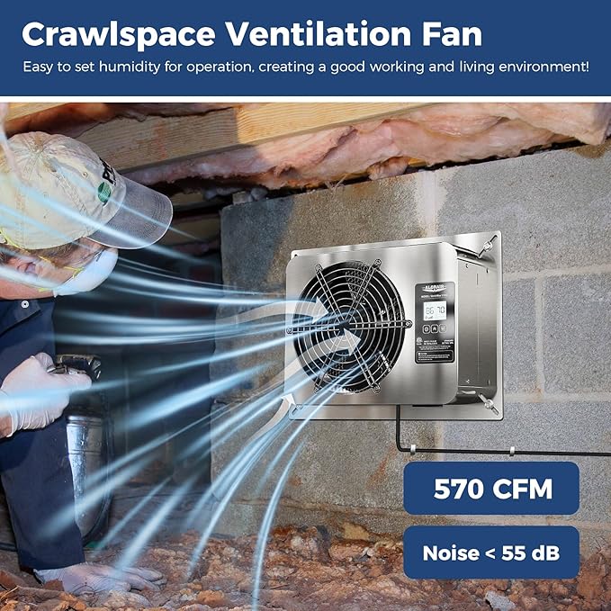 ALORAIR 570 CFM Crawl Space Ventilator Fan with Digital control, IP55 Rated Stainless Steel Exhaust Fan with Temperature Humidity Controller, Timing Cycle, Speed Control for Basement, Garage, Attic