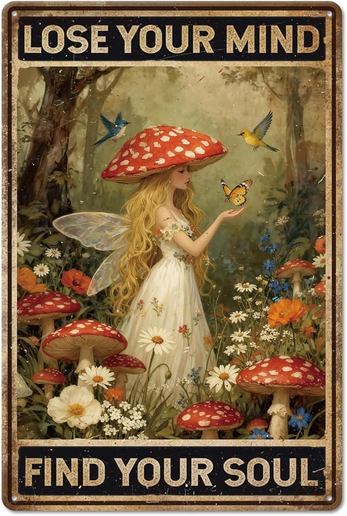 GLOBLELAND Vintage Mushroom Hunter Metal Tin Sign 12x8 inch Mind and Soul Tin Signs Decor Forest Plants Woman Metal Wall Plaque for Home Room Farmhouse Cafes Office Store Bar Kitchen Garden Decor