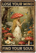 GLOBLELAND Vintage Mushroom Hunter Metal Tin Sign 12x8 inch Mind and Soul Tin Signs Decor Forest Plants Woman Metal Wall Plaque for Home Room Farmhouse Cafes Office Store Bar Kitchen Garden Decor