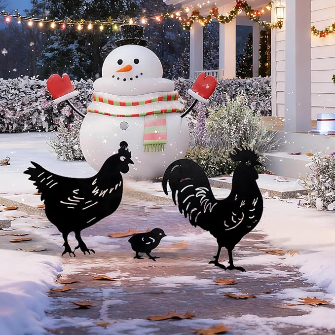 TT & MM Chicken Gifts for Women/Men,Metal Chicken Yard Decor 3 Pcs Rooster Decorations Garden Stakes,Hen/Chicks Silhouette Statues for Yard Art,Backyard,Patio,Lawn,Outdoor Decor