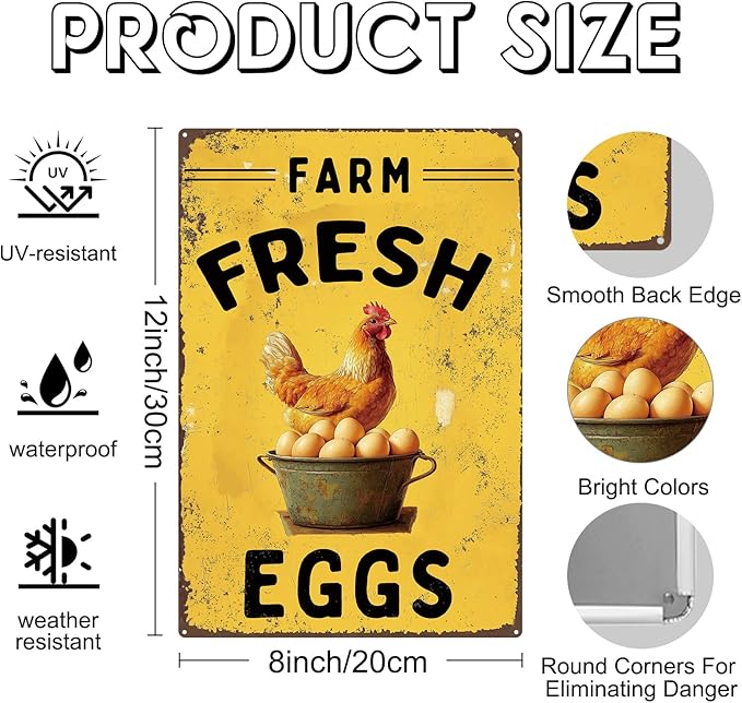 Farm Fresh Eggs Outdoor Chicken Coop Sign Retro Kitchen Decor Gifts For Chicken Lovers Vintage Metal Sign 8×12 Inches Tin Sign For Home Kitchen Yard Garden