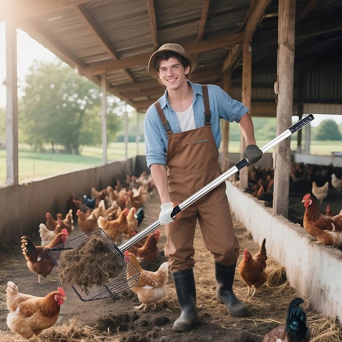 Chicken Poop Scooper - 54" Long Handle Chicken Coop Cleaner, 10" Wide Metal Waste Scooper for Poultry Waste