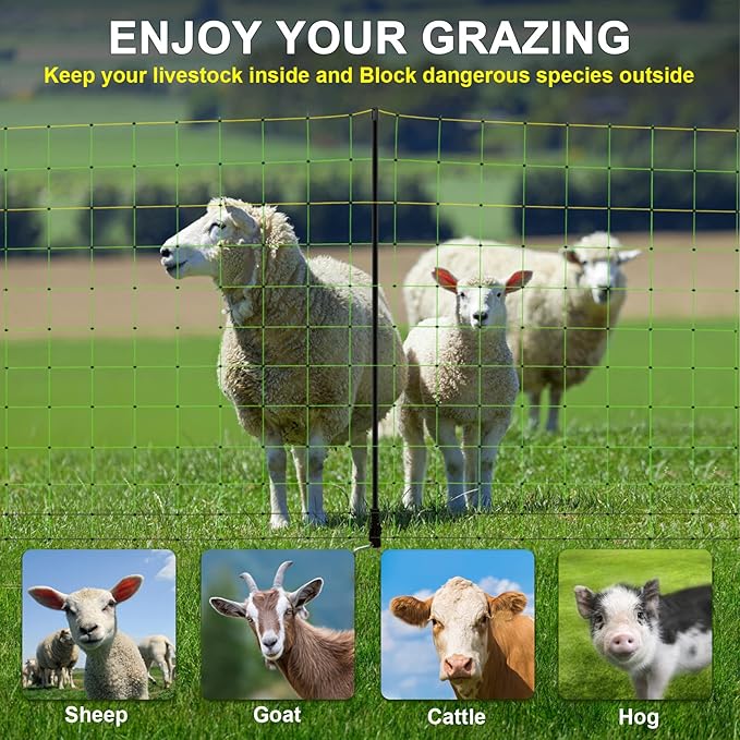 TMEE Electric Fence Netting Livestock Fencing for Goat with 14 Posts Double Spiked, Portable Mesh for Sheep, Deer, Hogs, Dogs in Backyards, Farms and Ranches, 49.6" H x 164' L, Green
