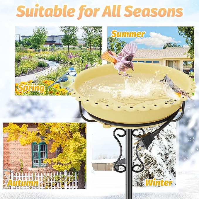 Heated Bird Bath for Outside Winter,100W Thermostat Control Birdbath Bowl with Metal 5-Prong Base,Freestanding Heated Bird Baths for Outdoors Garden Patio Yard Lawn (Beige)
