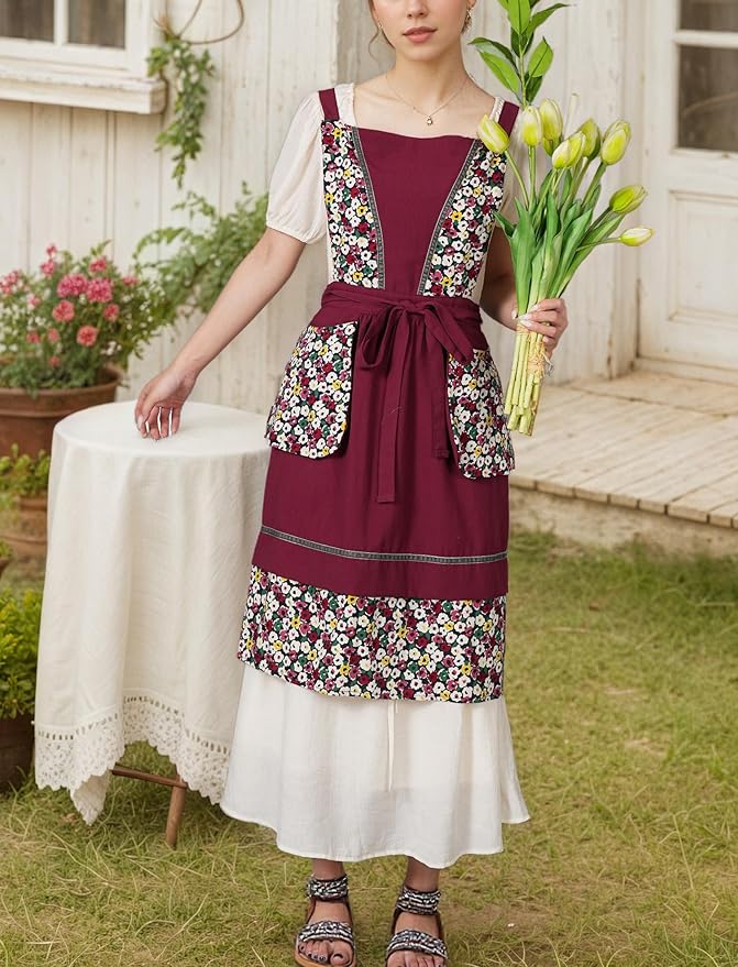 Kitchen Aprons for Women with Pockets Cute Vintage Chef Pinafore Apron for Gardening Cooking Baking Painting