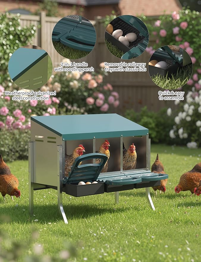 Chicken Nesting Box 3 Hole, Galvanized Steel Nest with Roll Away Egg Collection & Swing Perch, Easy-Clean Laying Box for Hens, Heavy Duty Design for Chicken Coop