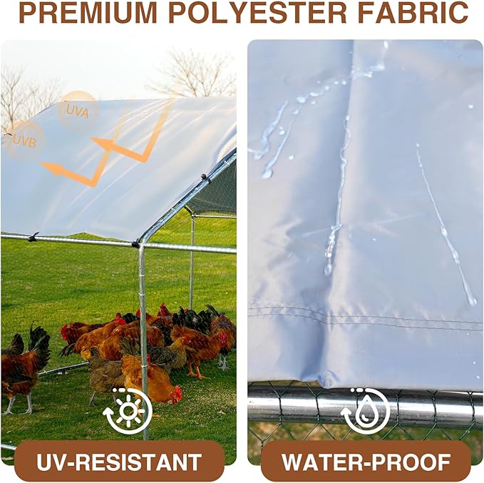 Extra Large Metal Chicken Coop for 50-55 Chickens, Walk-in Chicken Run, Chicken Pen Outdoor W/Cover, Waterproof & Anti-UV, 32.8' D x 9.8' W x 6.4' H, Wire Mesh Poultry Cage for Yard #LYJL10JD-US
