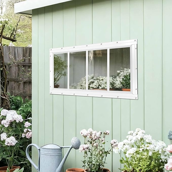 Shed Windows 2 Pack, Fixed Transom Windows 10" x 23" with Tempered Glass, Garage Doors Window for Shed, Chicken Coop, Playhouse, Household (White)