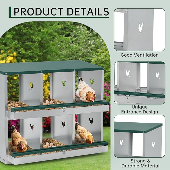 Garvee Nesting Boxes for Chickens, 6 Compartments Metal Chicken Nesting Box, Chicken Egg Laying Box with Large Vented Holes for Easy Egg Collection