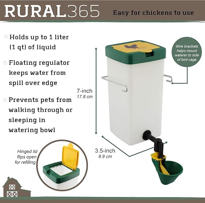 Rural365 Automatic Chicken Waterer System - 1L Green Poultry Watering Cup for Indoor Outdoor Pet Water Dispenser
