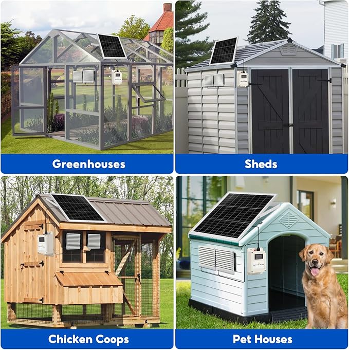 SUNYIMA Solar Fan with Battery,20W Solar Panel Powered Fan Kit with Waterproof Dual Exhaust Fans and 9.84ft Switch Cable for Chicken Coops, Sheds, Pet Houses, Greenhouse Air Circulation, Ventilation