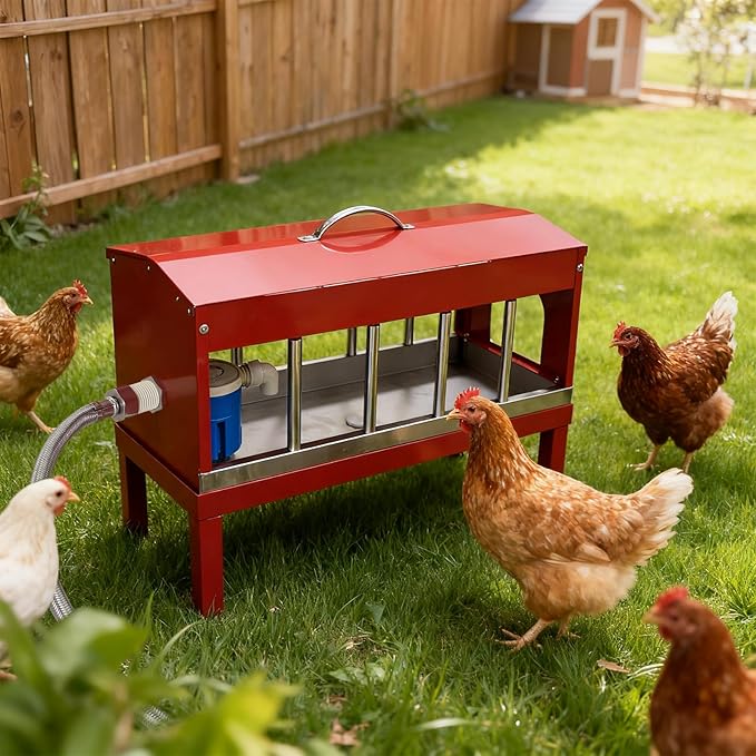 Automatic Chicken Waterer，Stainless Steel Large Chicken Drinker with Float Valve,Multi-Side Drinking Holes and Detachable Legs,Easy Clean Poultry Water Dispenser for Chicken Coop Duck Pigeon,Goose