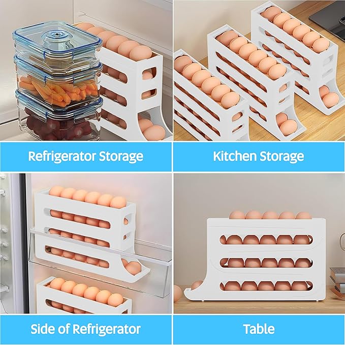 ZAYLAN Egg Holder for Fridge, Auto Rolling Egg Roller/Dispenser/Organizer/Storage Container, Space-Saving 4-Tier Egg Tray for 28 Eggs, Refrigerator, Kitchen & Countertop with Flower Egg Cutter (WHITE)