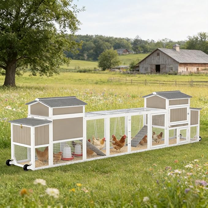 Chicken Coop Mobile Wooden Hen House with Nesting Box,166.4" L Outdoor Chicken House with 4 Wheels and Removable Tray,Fir Wood Chicken Tractor with 12 Ventilation Door and 2 Ramps,Grey