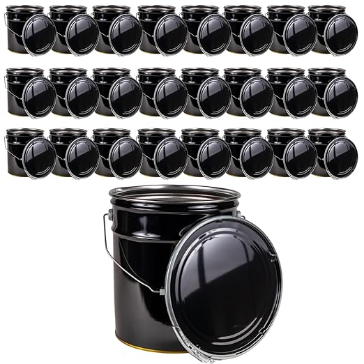 ATERET 5 Gallon Black Metal Bucket & Lever Lock Pail Lid, Heavy Duty Durable Pails and Lids for Outdoor and Household Use (24 Pack)