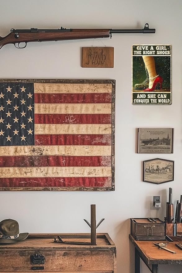 Funny Retro Vintage Veteran Metal Sign Female Veteran Give A Girl The Right Shoes Military Metal Poster Home Kitchen Bar Pub Garden Garage Aluminium Sign Art Wall Decor 12x8 Inch