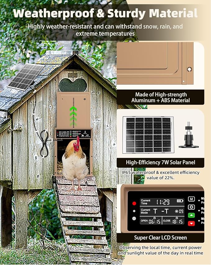 Automatic Chicken Coop Door, Pet Deluxe Chicken Coop Door Solar Powered 7W - Programmable Timer, Light Sensor, Anti-Pinch Safety, Aluminum Alloy Frame with 10 Wire Clips Chicken Door - Brown