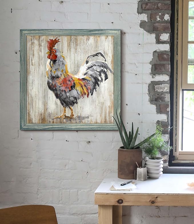 Rustic Wall Art Farmhouse Picture: Chicken Wooden Framed Print Rooster Farm Kitchen Painting Decor Vintage Country Animal Artwork for Home Living Room Bedroom 24 x 24 Inches
