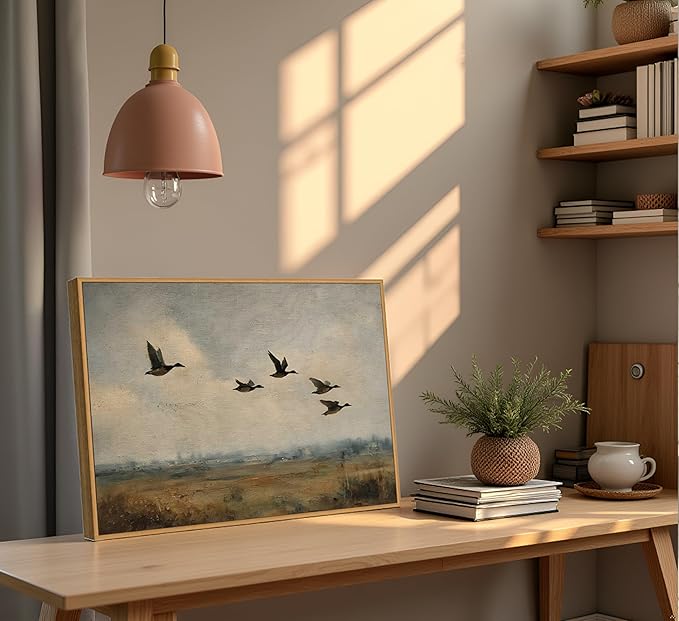 Framed Vintage Flying Duck Canvas Wall Art Wildlife Poster Print Natural Wilderness Picture Retro Wild Duck Painting Artwork Wall Decor for Bedroom Living Room Kitchen 12x16in