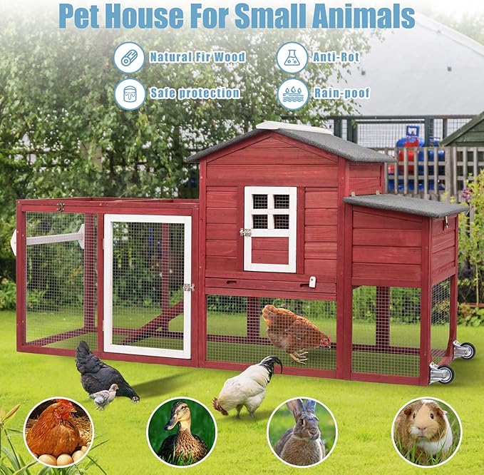 PetsCosset 79" Wooden Chicken Coop Rabbit Cage with Nesting Box, Waterproof Roof, Removable Tray, Combinable