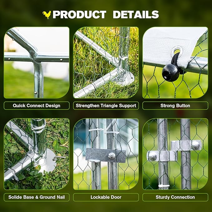 Large Metal Chicken Coop Walk-in Chicken Run with Waterproof Cover Outdoor Backyard Farm Anti-UV Spire Shaped Cage for Poultry, Ducks, and Rabbits(9.8' L x 6.5' W x 6.5' H)
