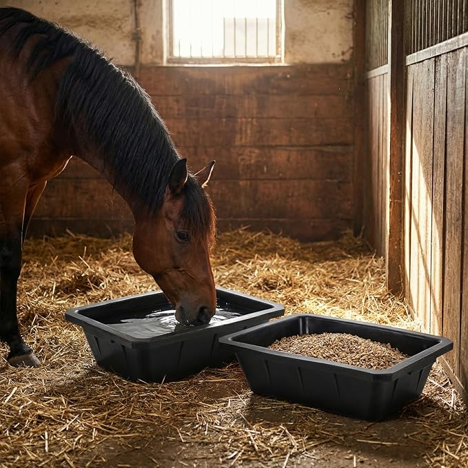 2 Pack Rubber Feeder Pan, 10 Quart Large Horse Trough Feeder Bucket, Heavy Duty 2.5 Gallon Chicken Dust Bath Tub Water Bowl for Pig Goat Dog Cat Farm Livestock Animal Feeding, Rectangular