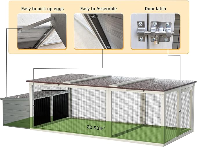 Large Wooden Chicken Coop,Outdoor Hen House with Nesting Box and Weatherproof Asphalt Roof,Walk-in Poultry Cage W/Secure Locks,Metal Mesh Run for Backyard Farm Use,Easy Assemble,Gray