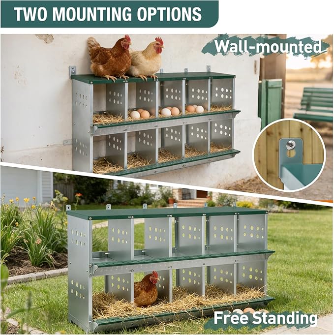 10 Compartment Metal Chicken Nesting Box, Roll Out Hen Laying Box for Easy Egg Collection, Wall Mount Poultry Nest Box for Backyard Chickens, Green, 53" L x 16" W x 26.30" H