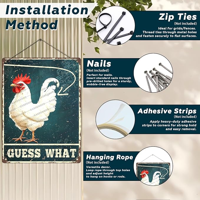 Rustic Chicken Farm Chicken Coop Metal Tin Signs Guess What Chicken Metal Poster Home Garden Farmhouse Restaurant Garage Vintage Aluminium Sign Art Wall Decor 16x12 Inch