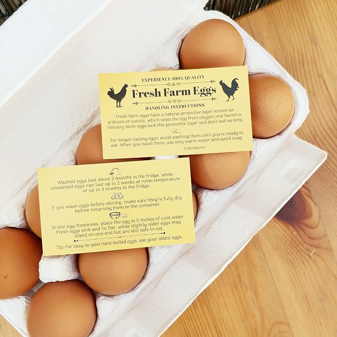 100 Pack Premium Fresh Farm Eggs Handling Instructions Care Accessories Cards Labels | Egg Blank Cartons 4 6 12 15 18 30 48 50 Count Basket Box Container Storing Extra Organizer -M10CH100