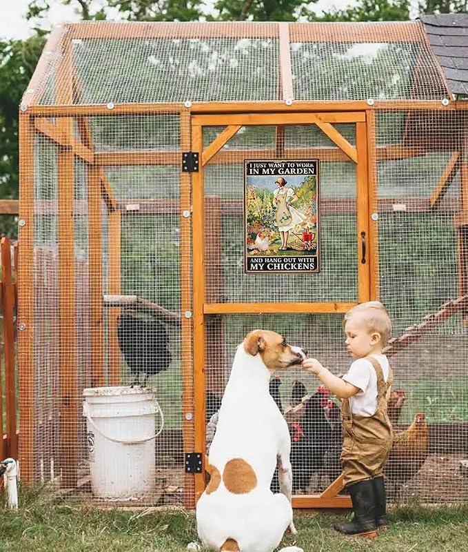 Rustic Garden Sign - "I Just Want to Work in My Garden and Hang Out with My Chickens" Decorative Metal Sign, Perfect Chicken Coop Sign and Gift for Chicken Enthusiasts，8" x 12" (276)