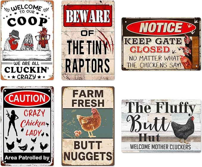 Metal Farm Signs: Funny Chicken Coop Decor - Home & Kitchen Gift - Chickens Plaque - 6 Pcs, 8x12 Inch