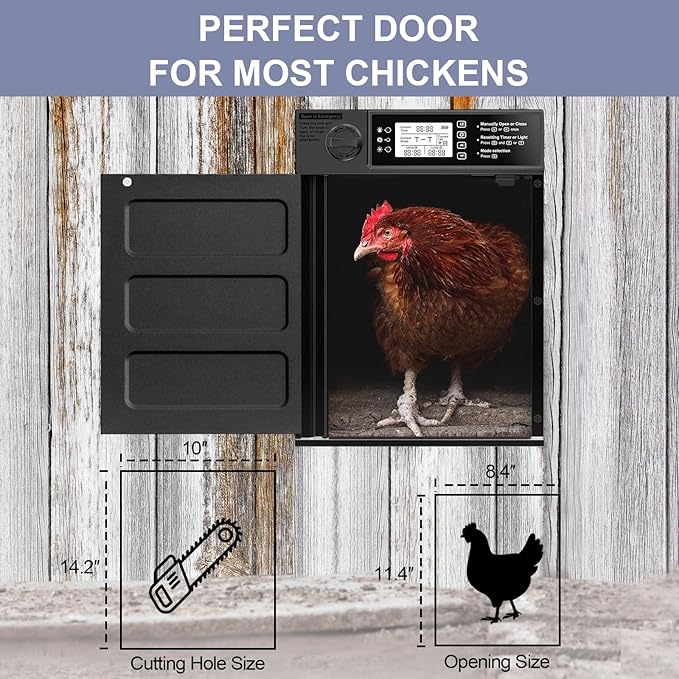 Large Size Automatic Chicken Coop Door Solar Powered, 4000MAh Internal Battery Automatic Coop Door Anti-hit Side Charging Port, Automatic Chicken Door with Timer & Light Sensor 4Modes & Remote Control