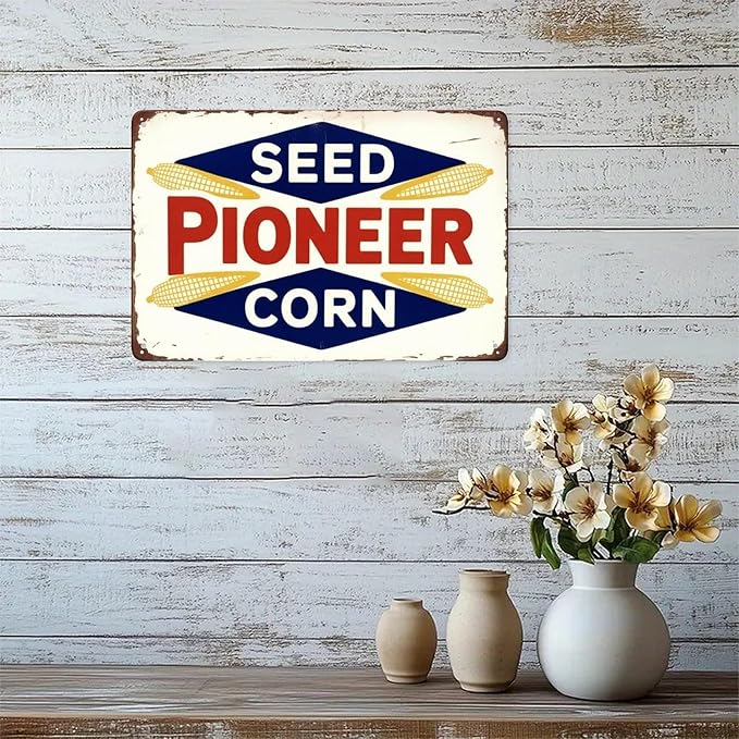 Seed Pioneer Corn Sign Tin Sign Vintage Farmhouse Metal Sign Print Aesthetic for Garden Yard Bar Porch Home Bedroom Kitchen Wall Decor Gift 8 X 12 in