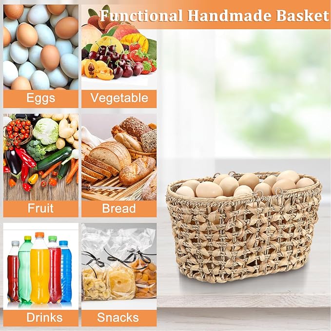 2 Pcs Eggs Collecting Baskets, Handmade Water Hyacinth Storage Basket for Gathering Fresh Eggs, Egg Holder with Handle for Harvest Farmhouse and Kitchen Use Seagrass Basket for Chicken-Egg
