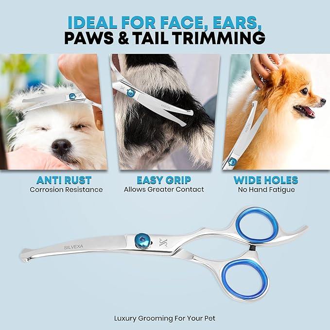 6.5” Curved Pet Grooming Scissors – Professional Dog Hair Cutting Shears with Blue Adjustable Tension Screw & Comfort Grip – Ideal for Face, Ears, Paws & Finishing